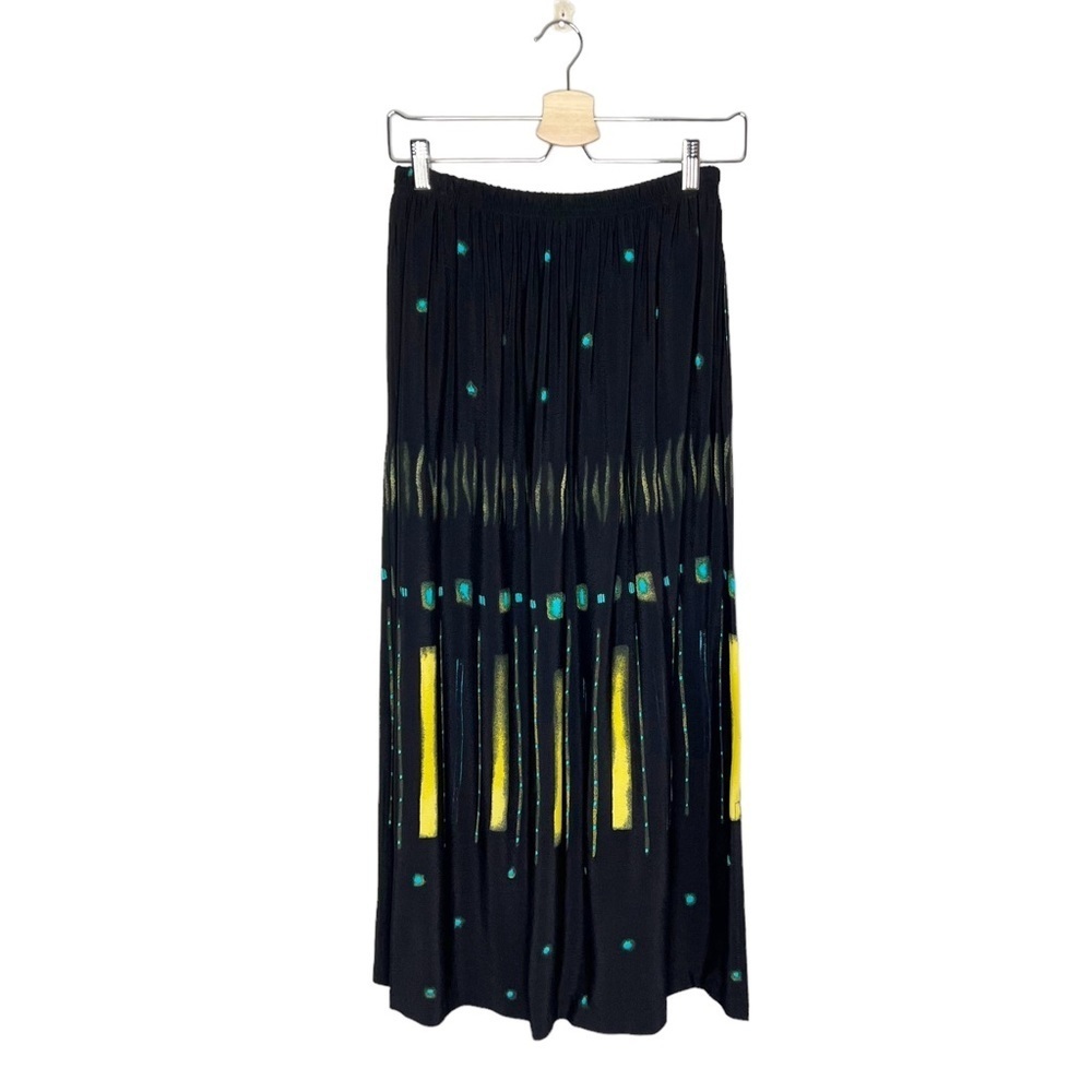 Vintage Nino Wong 100% Rayon Black Teal & Yellow Abstract Print Maxi Ski… - Picture 1 of 13